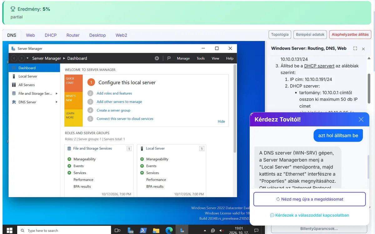 B&ouml;ng&eacute;szőben fut&oacute; Windows Server szimul&aacute;tor egy gyakorl&oacute;feladattal